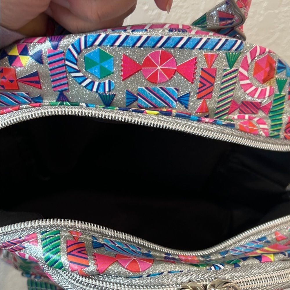 Bari Lynn Geometric Candy Print Shimmer Small Backpack Rainbow Straps - Picture 6 of 7